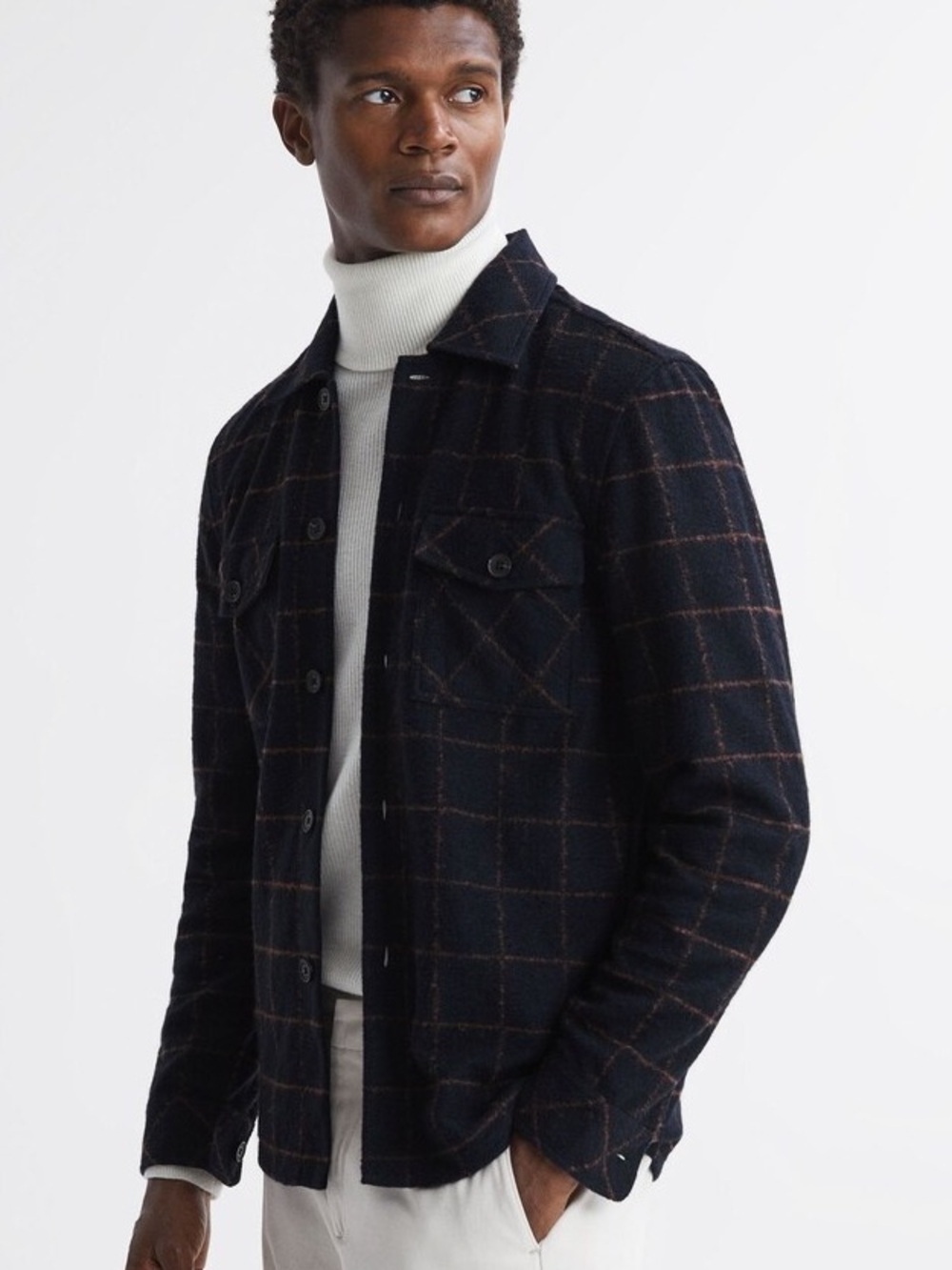Reiss Brushed Wool Check Overshirt in Navy